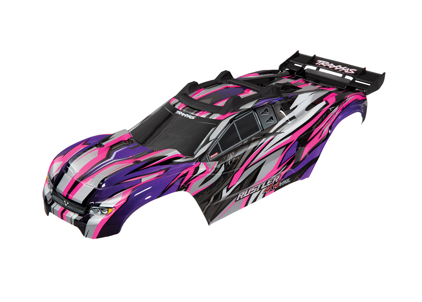 Body Rustler  4X4 VXL pink/ window grille lights decal sheet (assembled with front & rear body mounts and rear body support for clipless mounting)