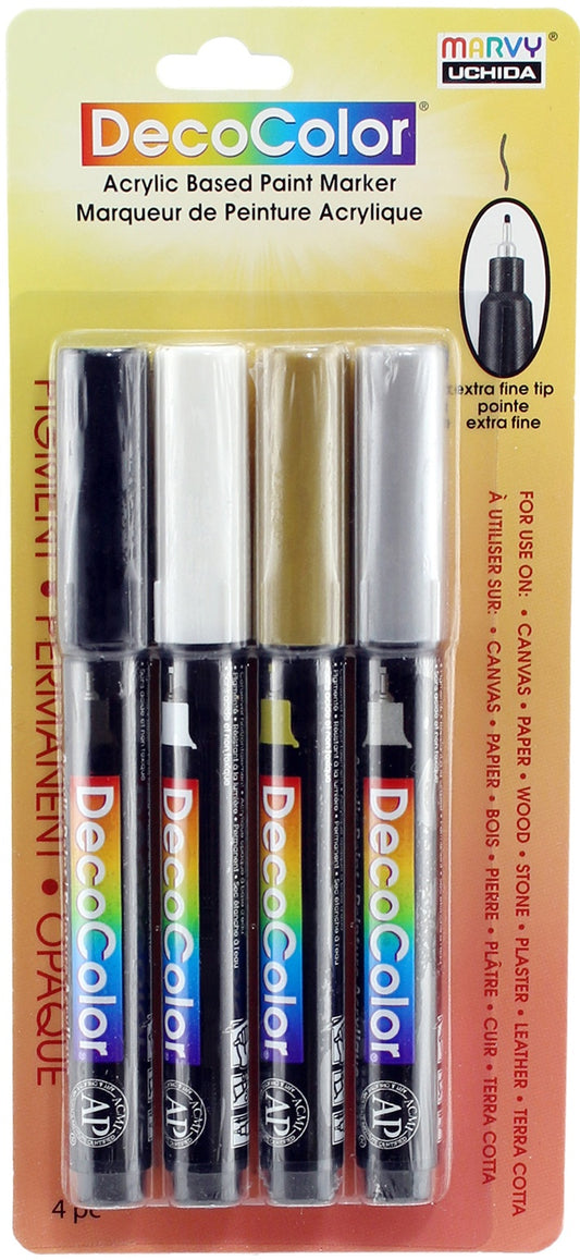 Uchida DecoColor Extra Fine Tip Paint Marker Set 4/Pkg-Black, Gold, Silver And White
