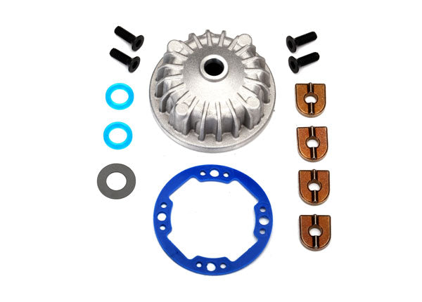 Housing center differential (aluminum)/ x-ring gaskets (2)/ ring gear gasket/ bushings (2)/ 5x10x0.5mm PTFE-coated washers (2)/ 2.5x8 CCS (4)
