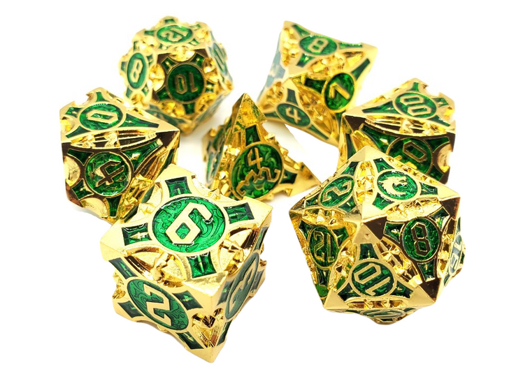 Old School 7 Piece DnD RPG Metal Dice Set: Gnome Forged - Gold w/ Green