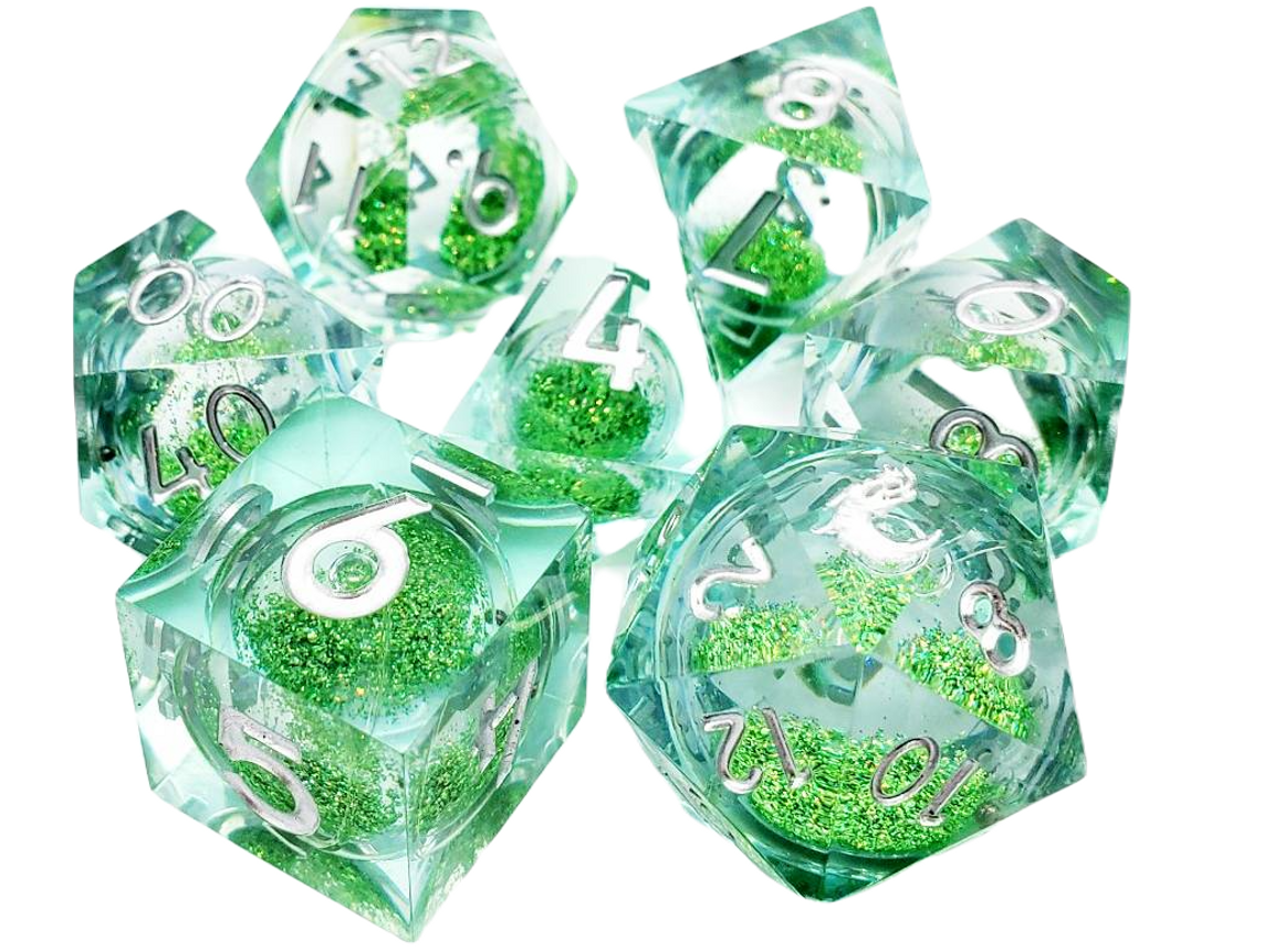 Old School 7-Piece Sharp Edged Dice Set: Liquid Infused - Emerald Fury