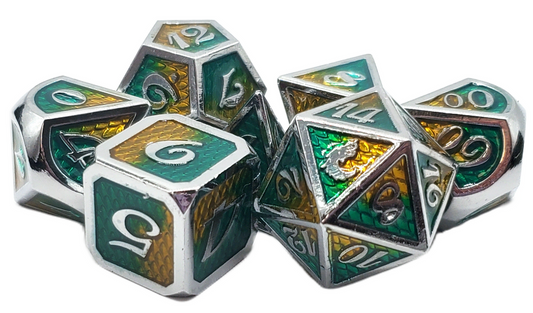 Old School 7 Piece DnD RPG Metal Dice Set: Dragon Scale - Green & Yellow