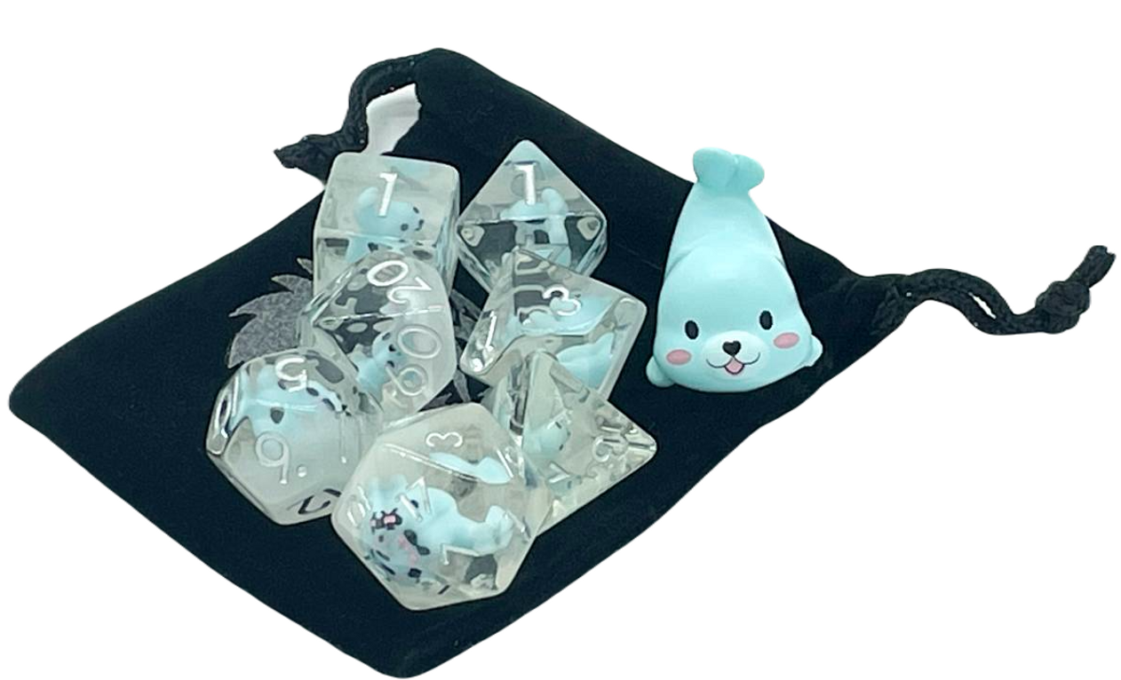 Old School 7 Piece DnD RPG Dice Set: Animal Kingdom - Baby Seal - Light Blue