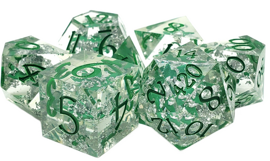 Old School 7 Piece DnD RPG Dice Set: Sharp Edged - It's 4:20 Time - Green w/ Silver