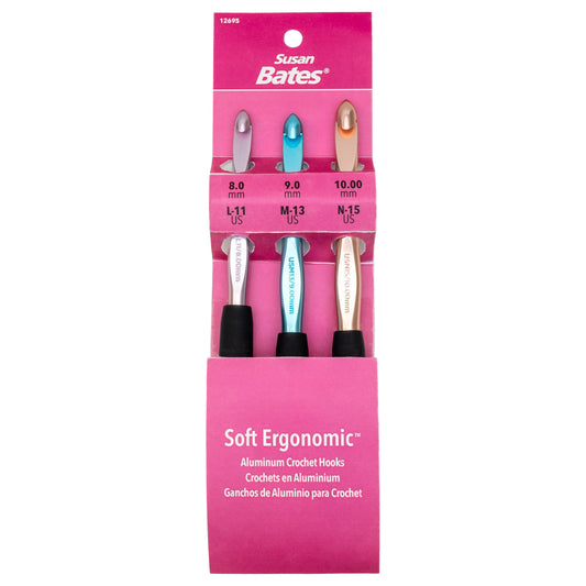 Susan Bates Silvalume Soft Ergonomic Crochet Hook Set-Sizes L11/8mm, M13/9mm, and N15/10mm