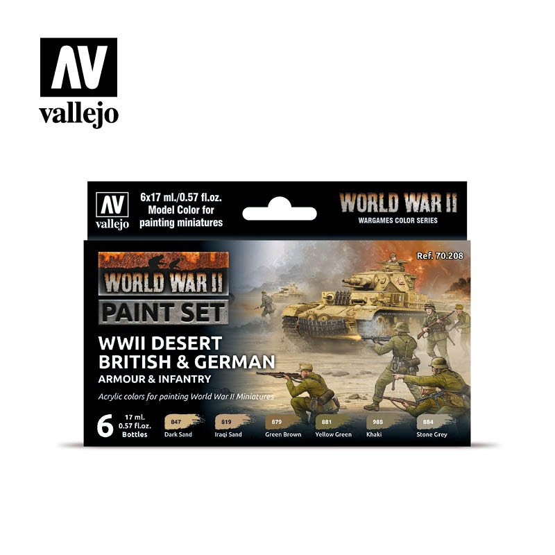 70.208 WWII Desert British & German Armour & Infantry - Model Color Wargames Color Series 17ml 6pc