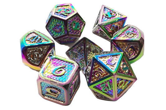 Old School 7 Piece DnD RPG Metal Dice Set: Dragon Scale with Spectral
