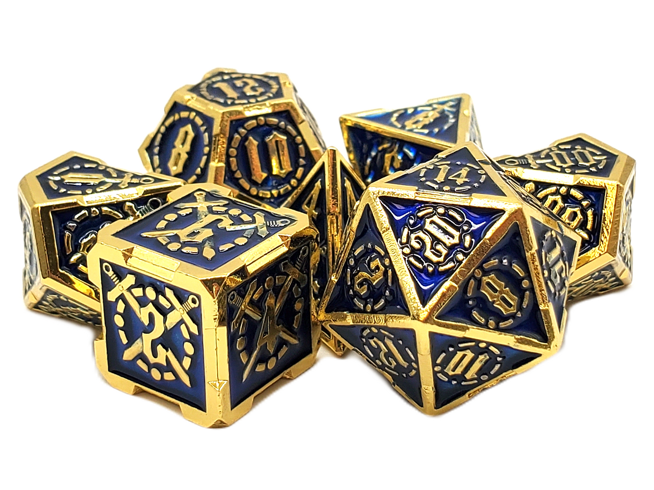 Old School 7 Piece DnD RPG Metal Dice Set: Knights of the Round Table  - Blue and Gold