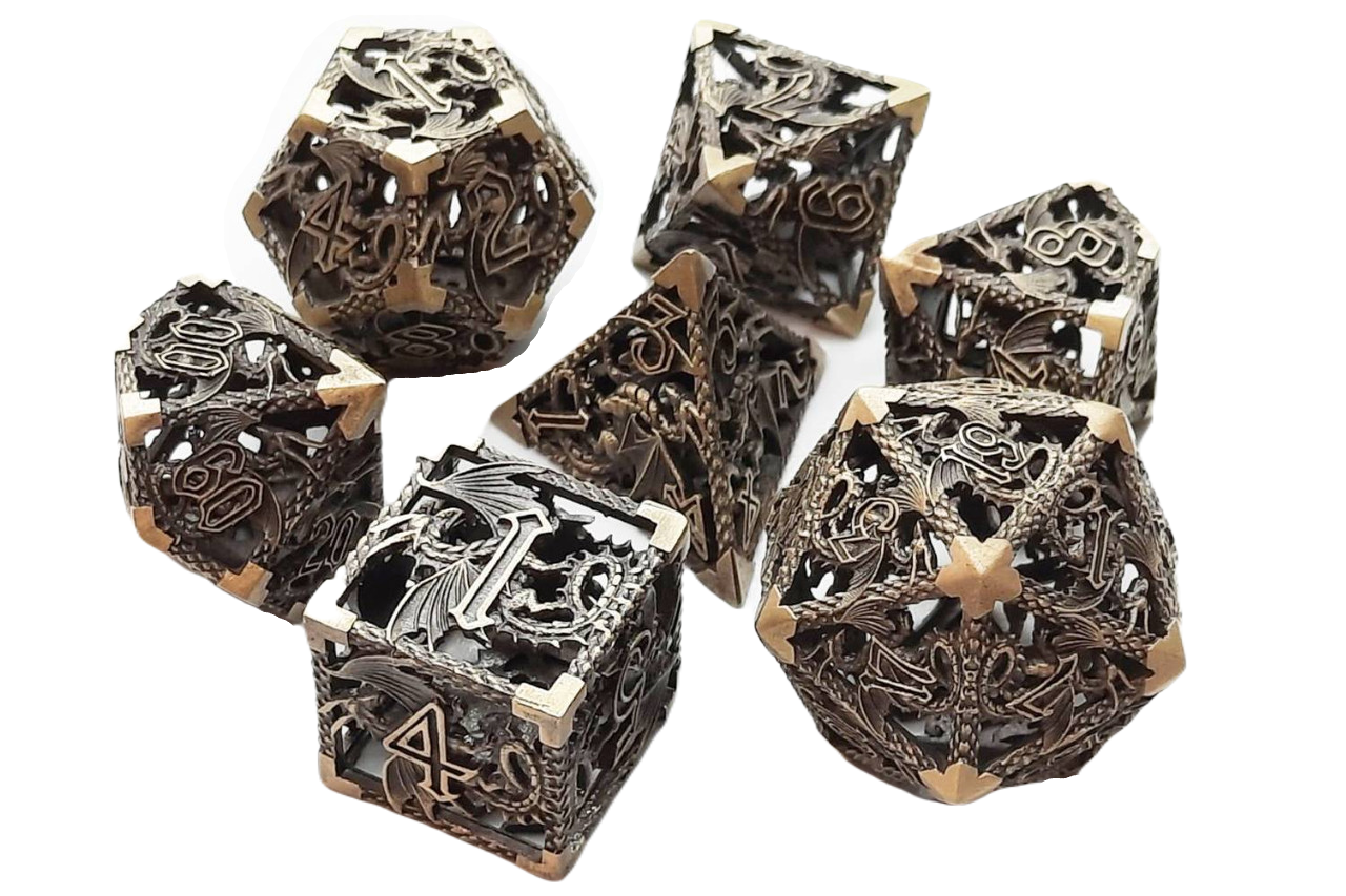 Old School 7 Piece DnD RPG Metal Dice Set: Hollow Dragon Dice  - Ancient Gold