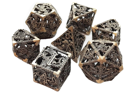 Old School 7 Piece DnD RPG Metal Dice Set: Hollow Dragon Dice  - Ancient Gold