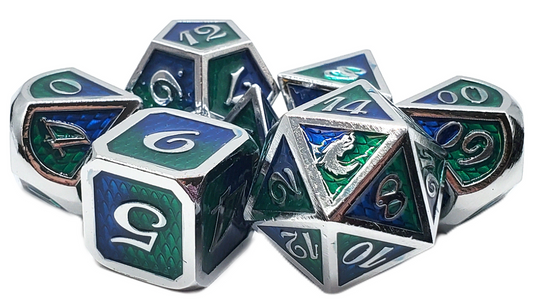 Old School 7 Piece DnD RPG Metal Dice Set: Dragon Scale - Blue & Green