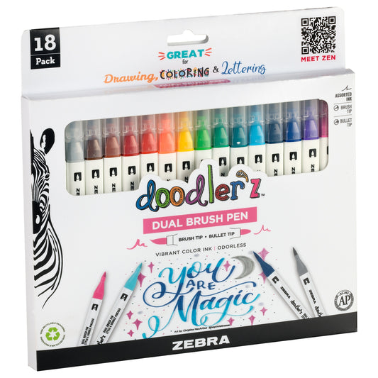 Zebra Doodlerz Dual Brush Pens 18/Pkg-Assorted