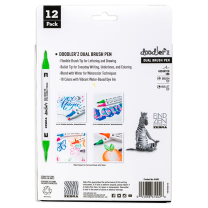 Zebra Doodlerz Dual Brush Pens 12/Pkg-Assorted