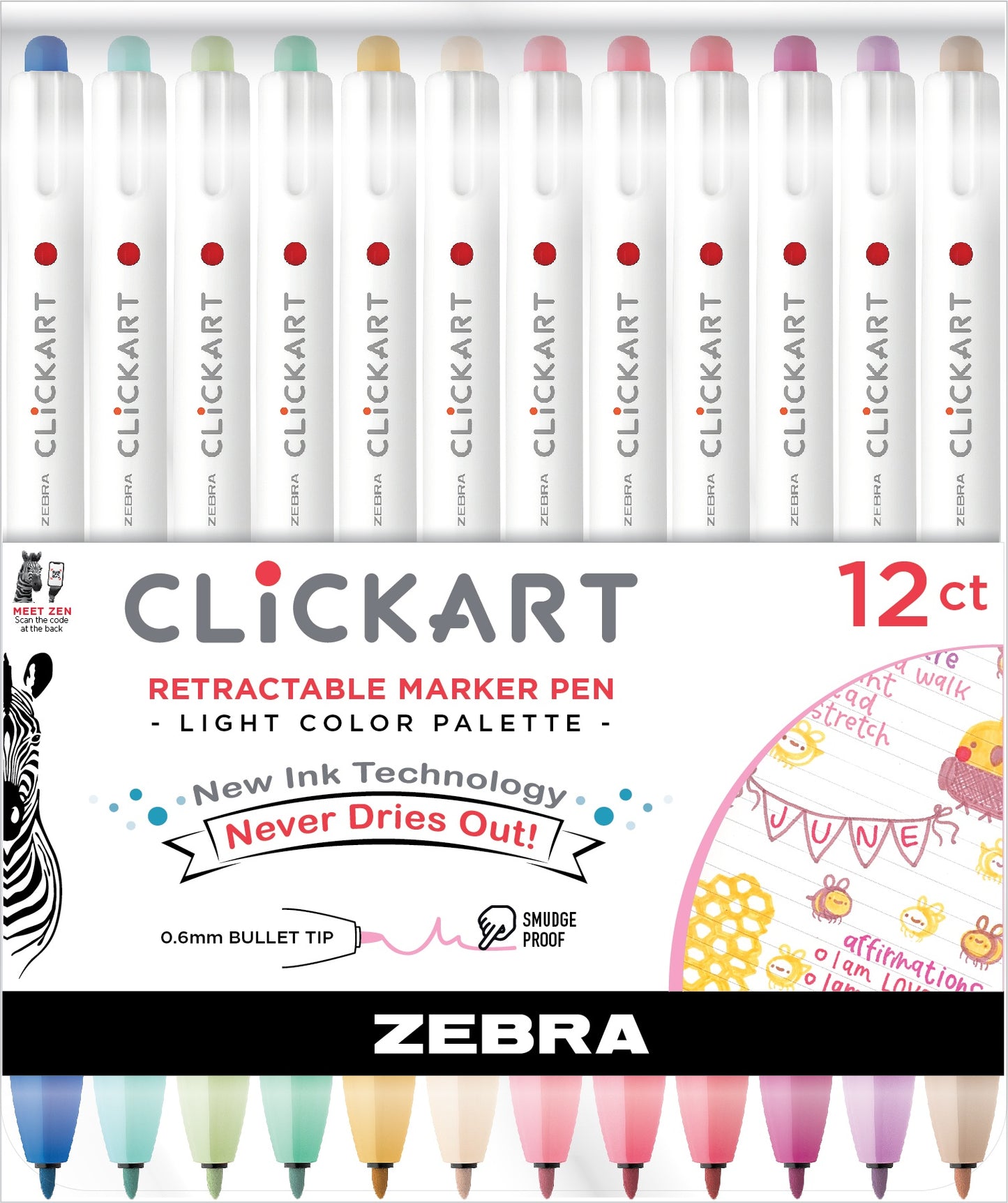 Zebra ClickArt Retractable Bullet Point Marker Pens 12/Pkg-Light