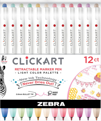 Zebra ClickArt Retractable Bullet Point Marker Pens 12/Pkg-Light