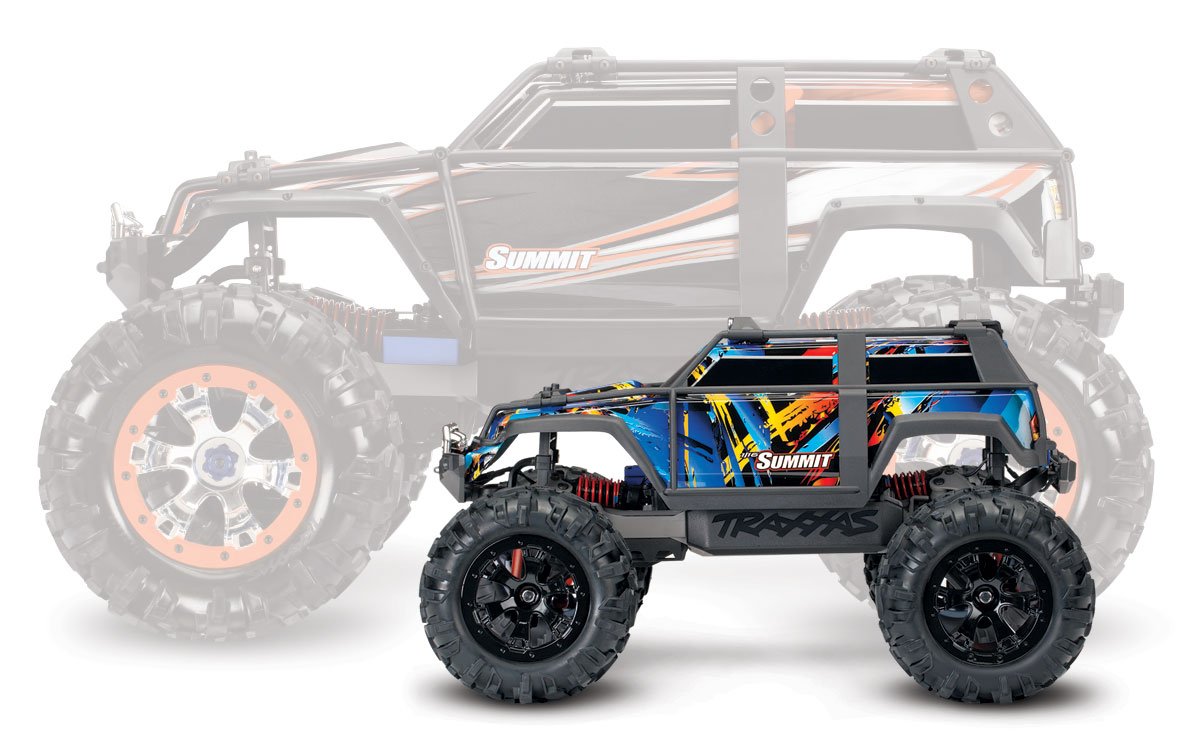 Summit: 1/16 Scale 4WD Electric Extreme Terrain Monster Truck.  Ready-To-Race with TQ 2.4 GHz radio system XL-2.5 ESC (fwd/rev). Includes: 6-Cell NiMH 1200mAh Traxxas battery and AC charger