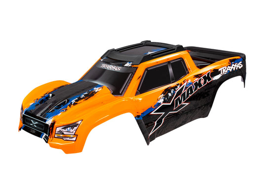 Body X-Maxx  orange (painted decals applied) (assembled with front & rear body mounts rear body support and tailgate protector)