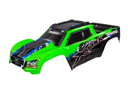 Body X-Maxx  green (painted decals applied) (assembled with front & rear body mounts rear body support and tailgate protector)