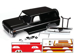 Body Ford Bronco complete (black) (includes front and rear bumpers push bar rear body mount grille side mirrors door handles windshield wipers spare tire mount red and sunset decals) (requires #8072 inner fenders)