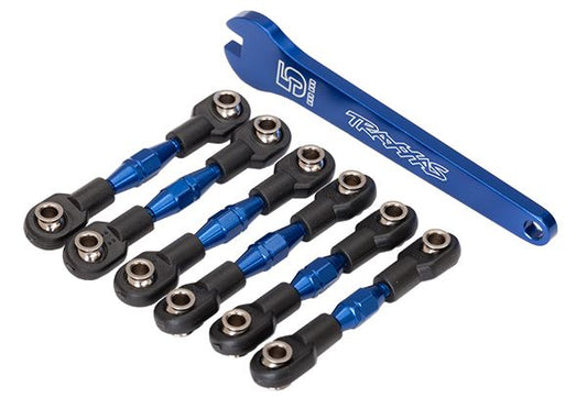 Turnbuckles aluminum (blue-anodized) camber links 32mm (front) (2)/ camber links 28mm (rear) (2)/ toe links 34mm (2)/ aluminum wrench