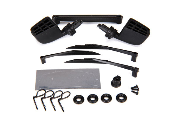 Mirrors side black (left & right)/ o-rings (4)/ windshield wipers left right & rear/ wiper retainers (2)/ body clips (4)/ 1.6x5 BCS (self-tapping) (3)