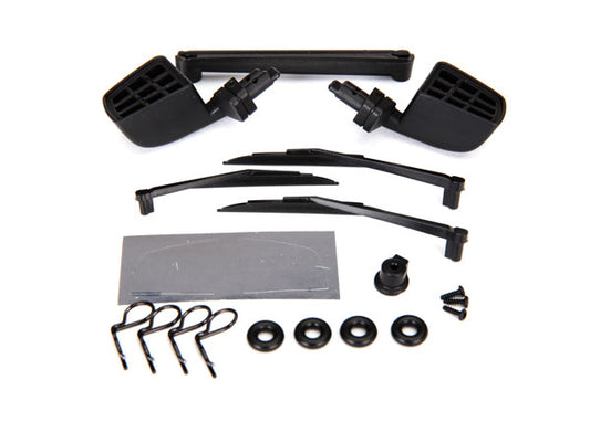 Mirrors side black (left & right)/ o-rings (4)/ windshield wipers left right & rear/ wiper retainers (2)/ body clips (4)/ 1.6x5 BCS (self-tapping) (3)