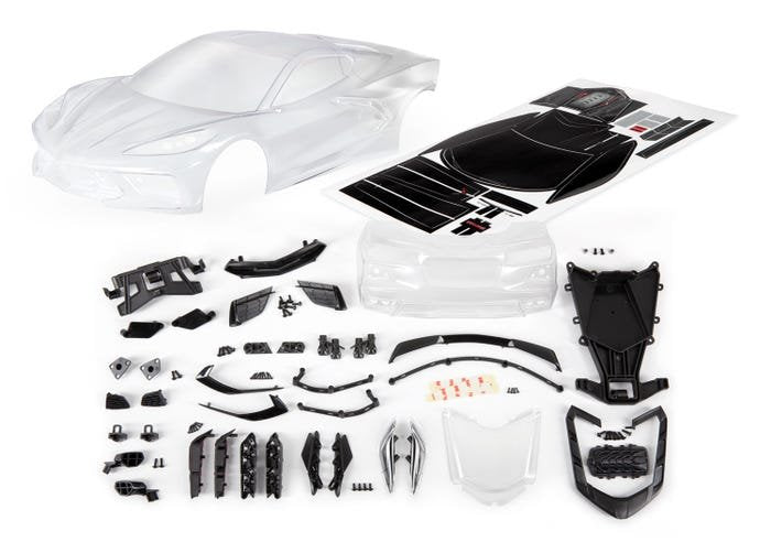 Body Chevrolet Corvette Stingray (clear trimmed requires painting)/ decal sheet (includes side mirrors spoiler grilles vents hardware & clipless mounting)