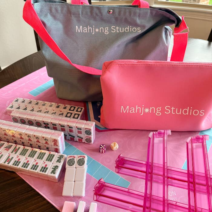 All in One - Mahjong Bundle - American Mahjong Set 166 2-Color Tiles - Pink Tiles and Mat