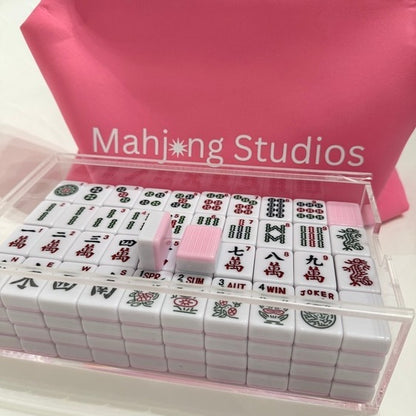 All in One - Mahjong Bundle - American Mahjong Set 166 2-Color Tiles - Pink Tiles and Mat