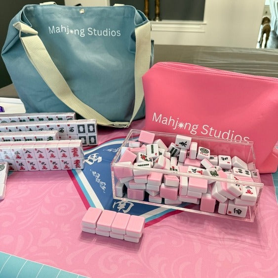 All in One - Mahjong Bundle - American Mahjong Set 166 Tiles - Blue & Tan Bag Pink Mat 2-color Pink Tiles
