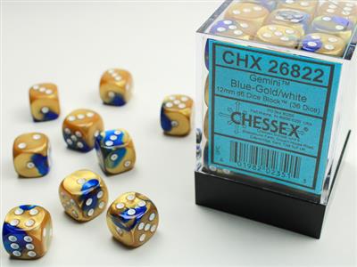 Gemini  12mm d6 Blue-Gold/white Dice Block  (36 dice)