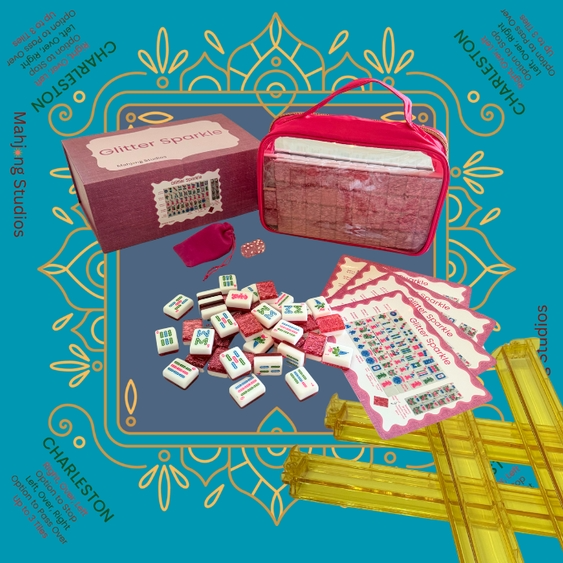 Glitter Sparkle - American Mahjong Tile Set (166 Tiles) Pink Bundle | Midnight Luxe / Yellow Racks (4)