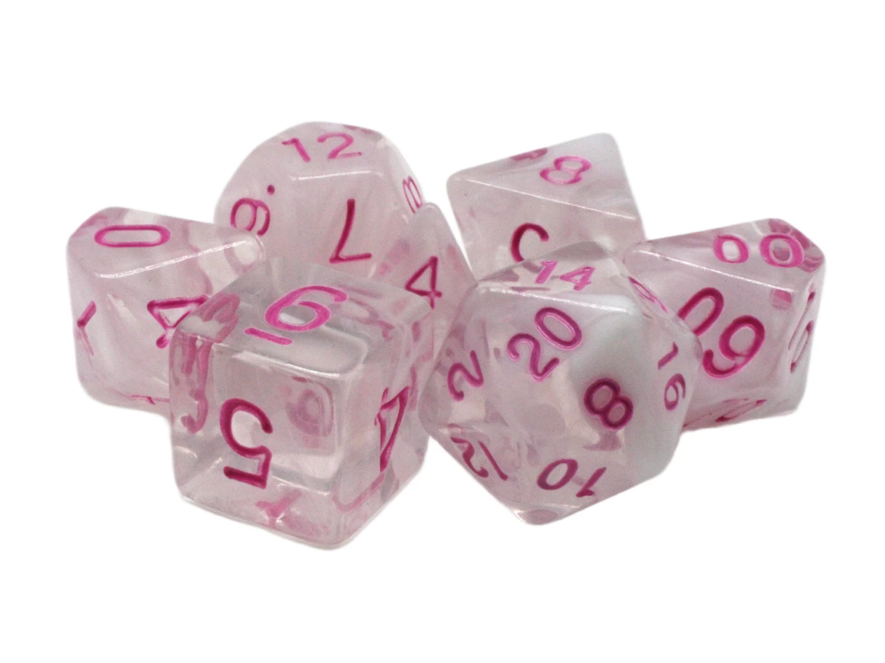 Old School 7 Piece DnD RPG Dice Set: Odyssey - White Swirl w/ Pink