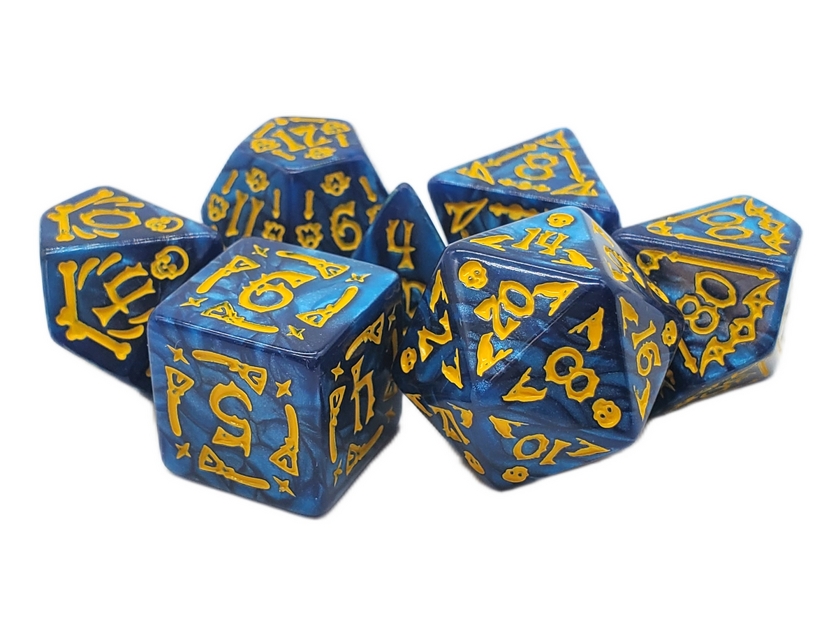 Old School 7 Piece DnD RPG Dice Set: Rune Dice - All Hallows Eve - Blue w/ Yellow