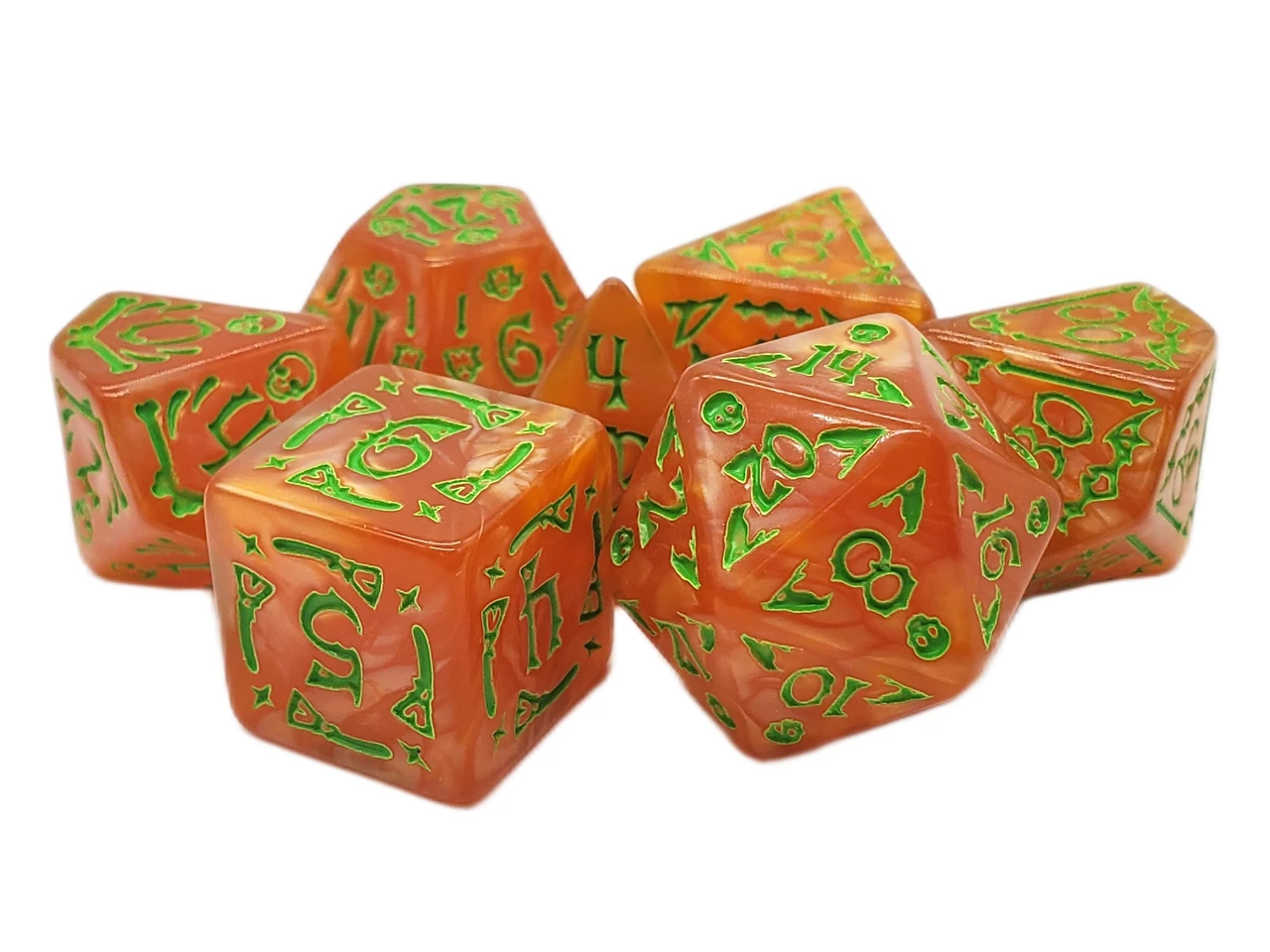 Old School 7 Piece DnD RPG Dice Set: Rune Dice - All Hallows Eve - Orange w/ Green