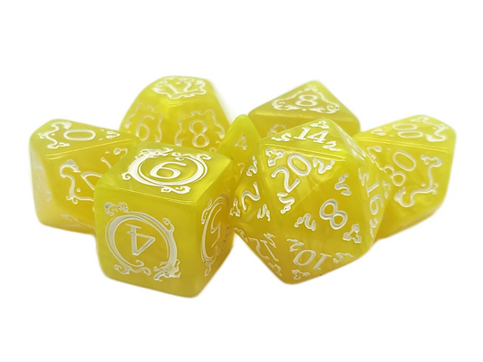 Old School 7 Piece DnD RPG Dice Set: Rune Dice - Coiled Serpent - Yellow w/ White