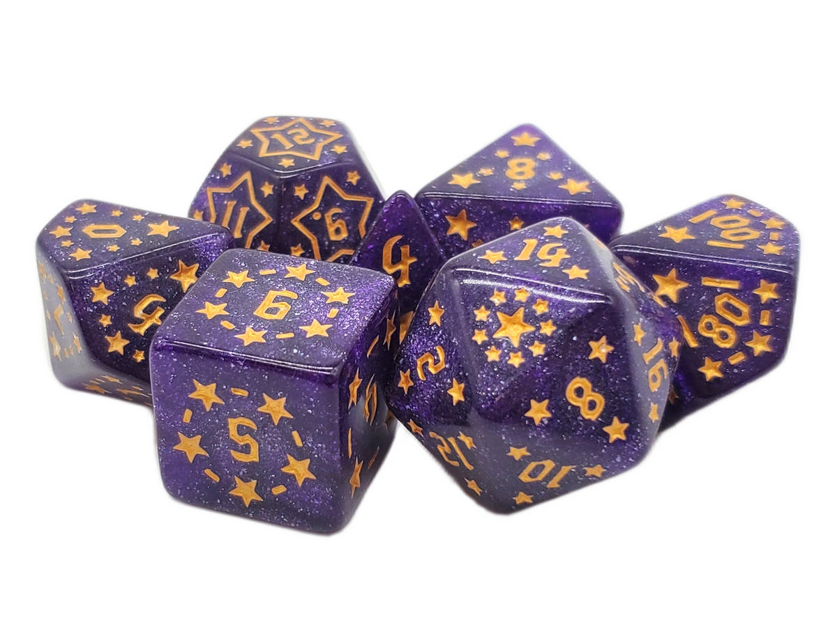 Old School 7 Piece DnD RPG Dice Set: Rune Dice - Starlight - Purple