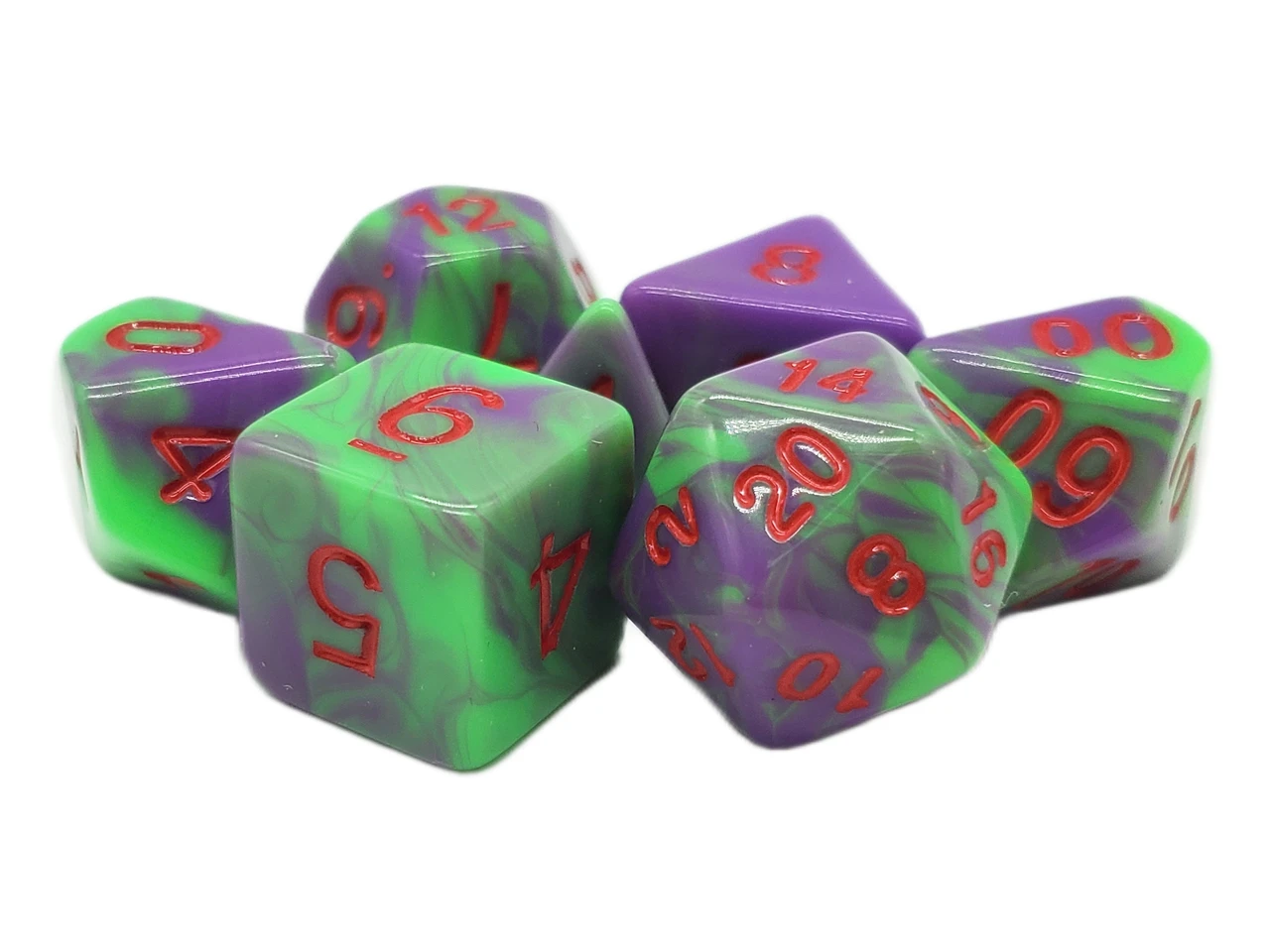 Old School 7 Piece DnD RPG Dice Set: Vorpal - Green & Purple w/ Red
