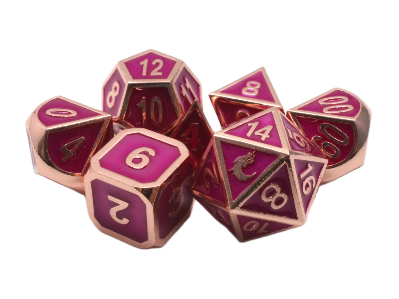 Old School 7 Piece DnD RPG Metal Dice Set: Elven Forged - Fuchsia w/ Copper