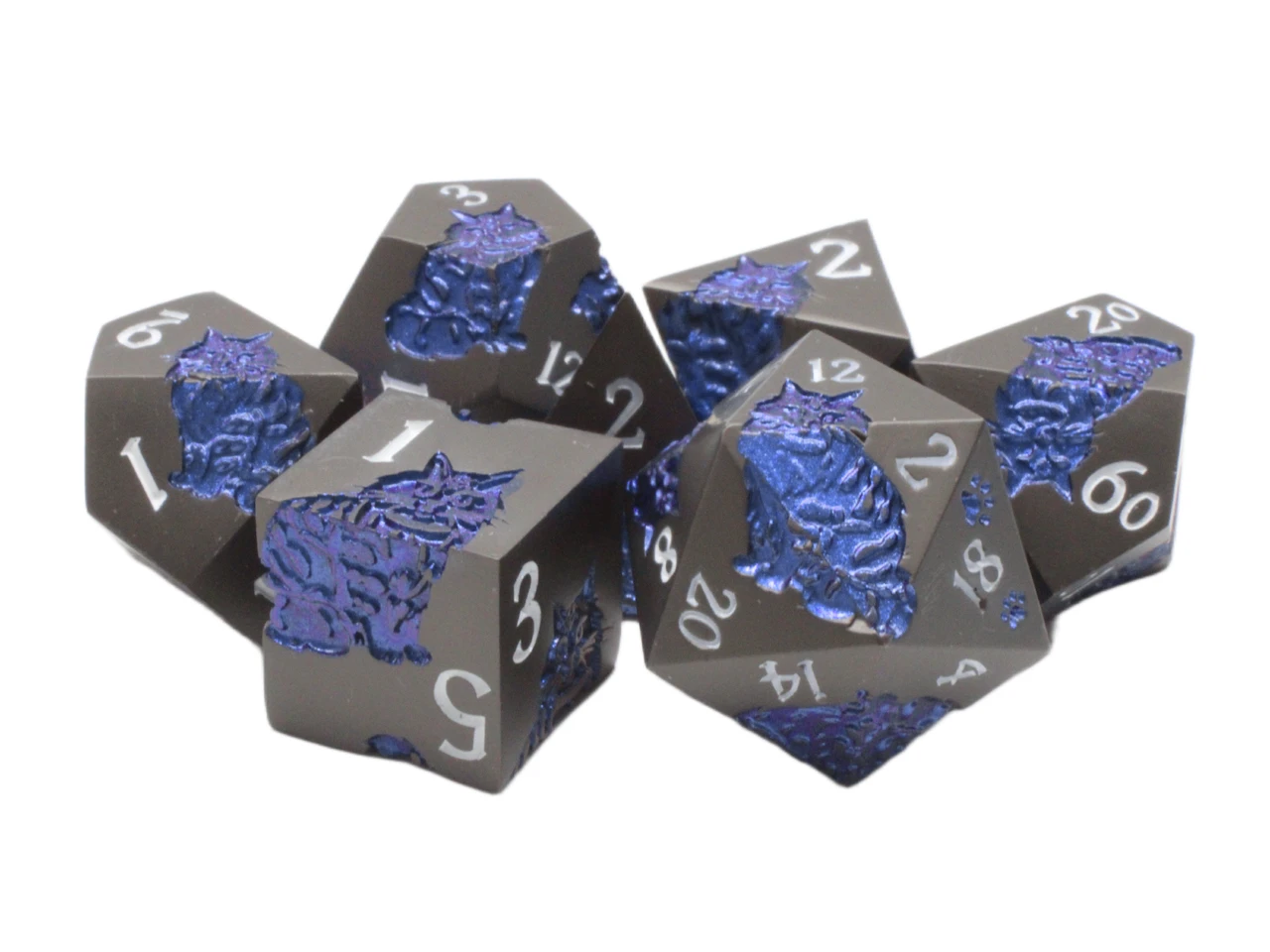Old School 7 Piece DnD RPG Metal Dice Set: Nine Lives - Matte Black w/ Blue