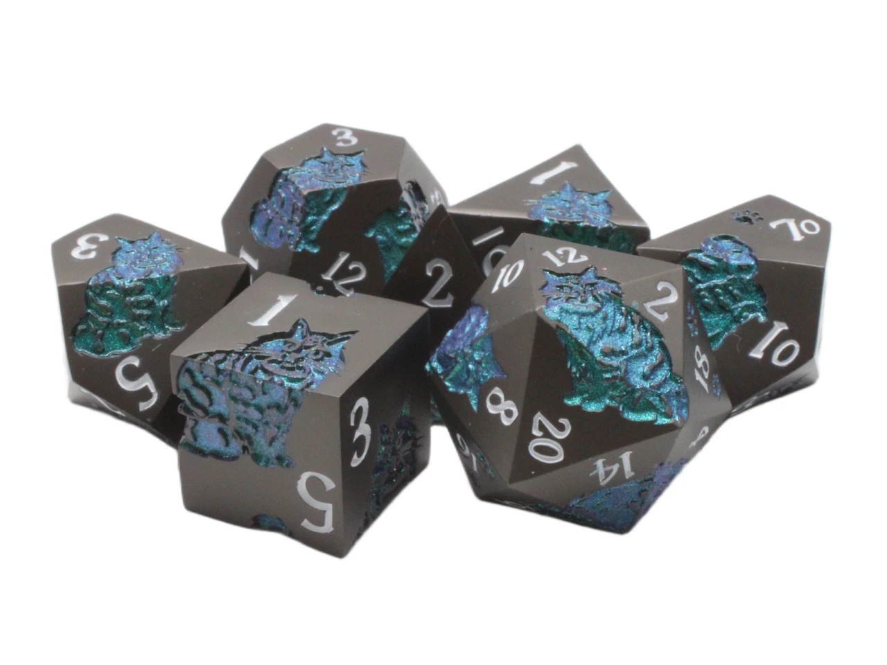 Old School 7 Piece DnD RPG Metal Dice Set: Nine Lives - Matte Black w/ Green