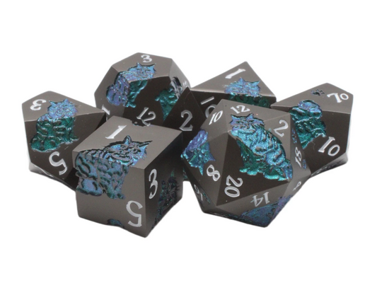 Old School 7 Piece DnD RPG Metal Dice Set: Nine Lives - Matte Black w/ Green