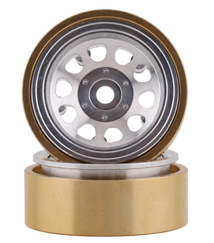 SSD RC SCX24 1.0” Aluminum / Brass D Hole Beadlock Wheels (Silver) (2) (24g)