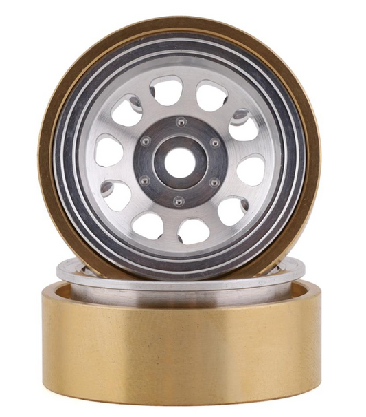 SSD RC SCX24 1.0” Aluminum / Brass D Hole Beadlock Wheels (Silver) (2) (24g)