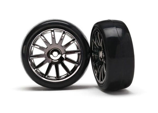 Tires & wheels assembled glued (12-spoke black chrome wheels slick tires) (2)