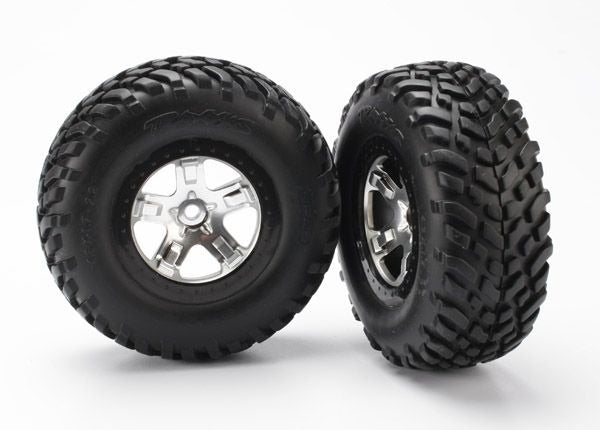 Tires & wheels assembled glued (SCT satin chrome black beadlock style wheels SCT off-road racing tires foam inserts) (2) (4WD front/rear 2WD rear only)