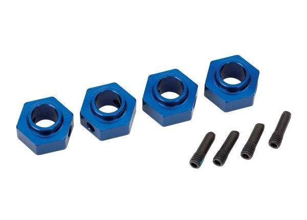 Wheel hubs 12mm hex 6061-T6 aluminum (blue-anodized) (4)/ screw pin (4)