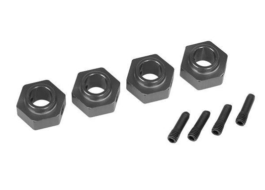 Wheel hubs 12mm hex 6061-T6 aluminum (charcoal gray-anodized) (4)/ screw pin (4)