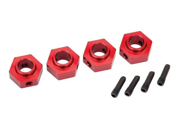 Wheel hubs 12mm hex 6061-T6 aluminum (red-anodized) (4)/ screw pin (4)