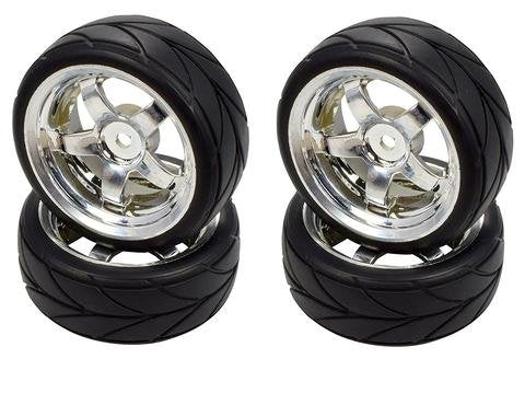 Apex RC Products 1/10 On-Road Chrome 5 Spoke Wheels & V Tread Rubber Tire Set #5005
